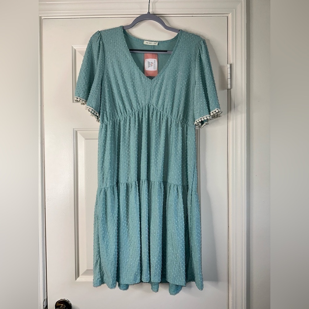 Mint Blue Reborn J dress Women Size Large V Neck Pleated Flowy - Picture 6 of 13